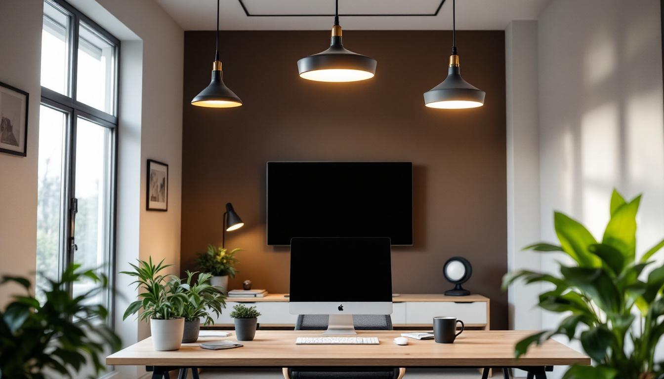A photograph of a modern home office space featuring stylish ceiling lights that enhance the workspace