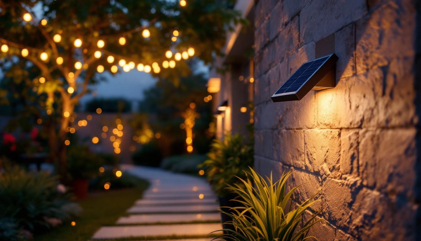 A photograph of a beautifully illuminated outdoor space featuring solar wall lights