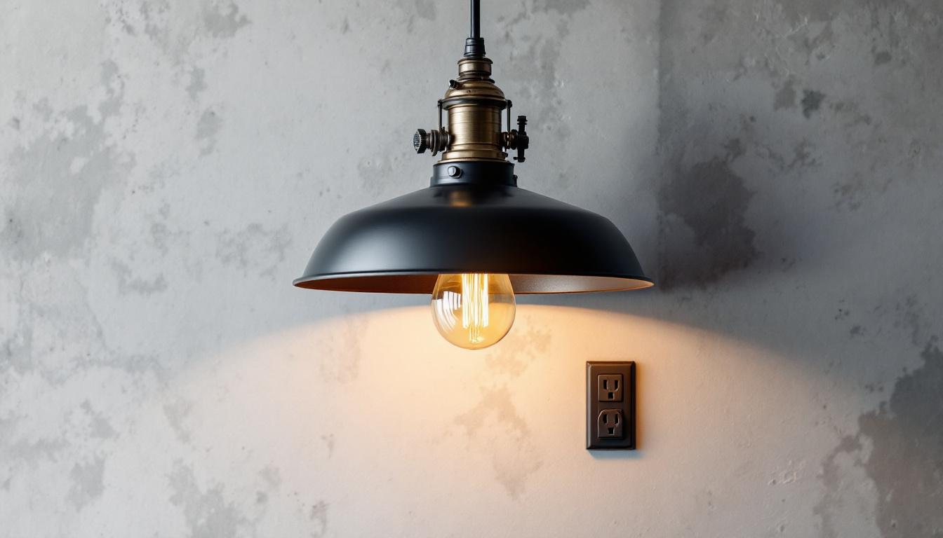 A photograph of a stylish industrial lighting fixture integrated with a modern light switch and an electrical receptacle