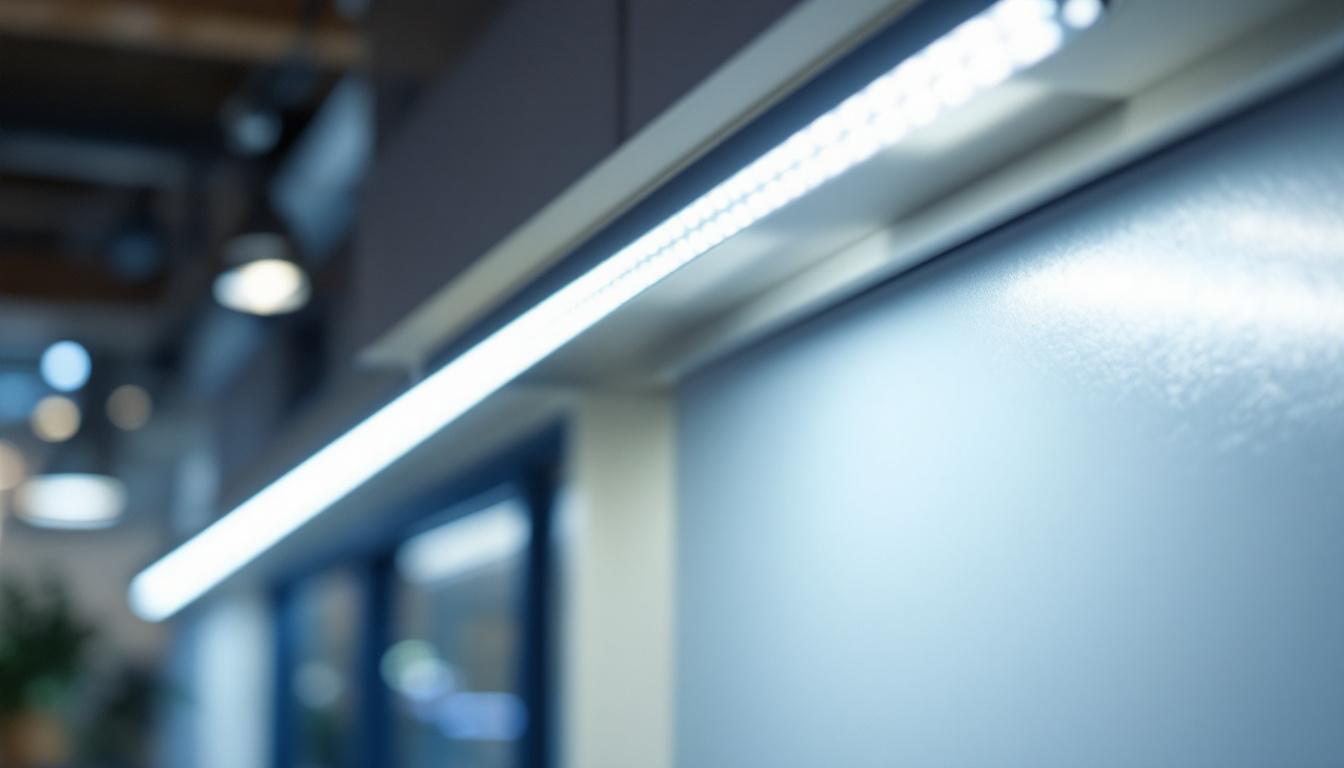 A photograph of a close-up shot of led wrap lighting being installed in a modern workspace