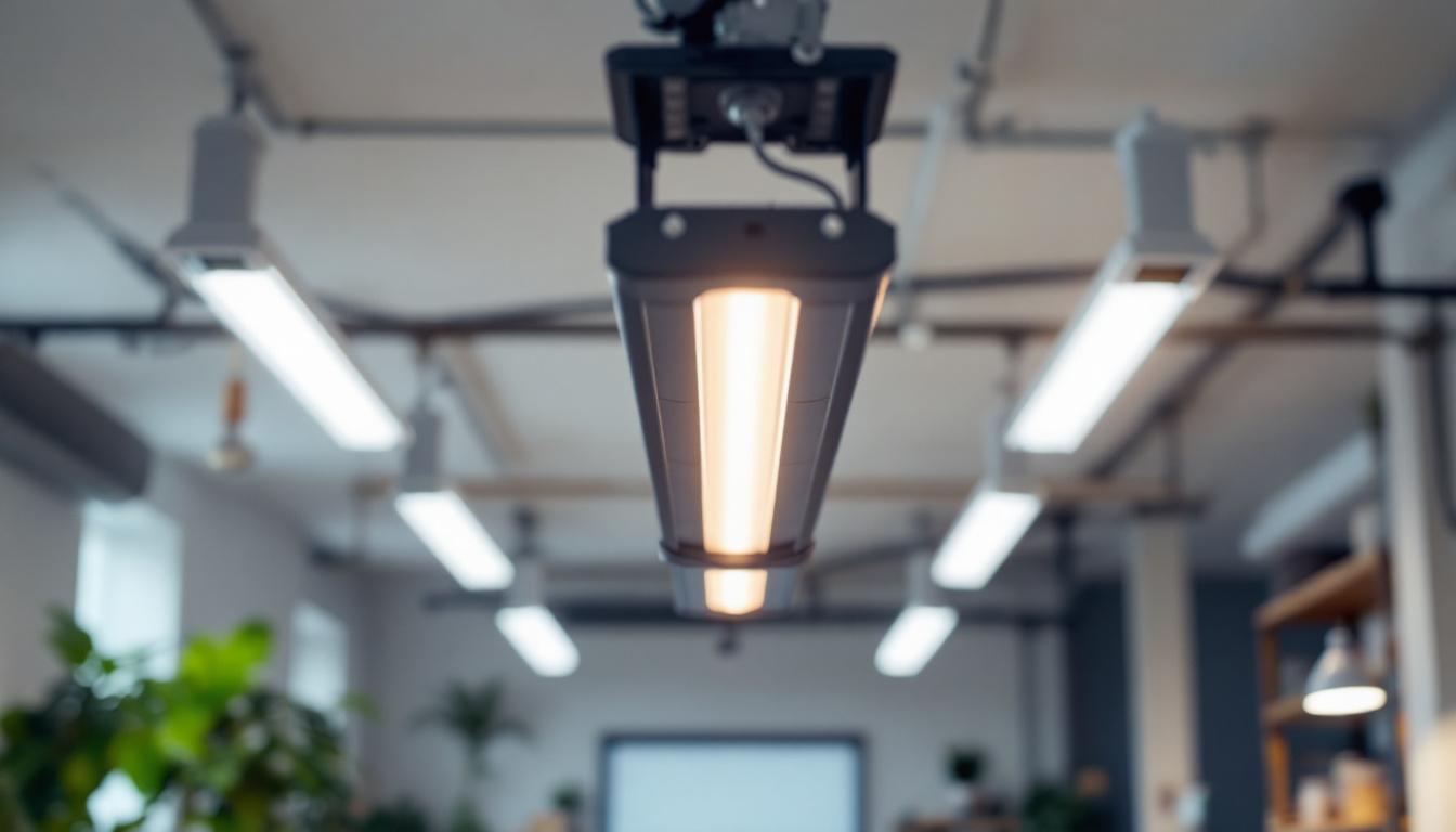 A photograph of a well-lit workspace featuring an 8 ft fluorescent light fixture installed in a ceiling
