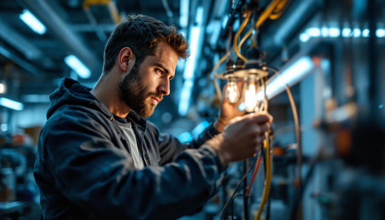 A photograph of capture a photograph of an electrical engineer working intently on a t8 and t12 fluorescent lighting setup