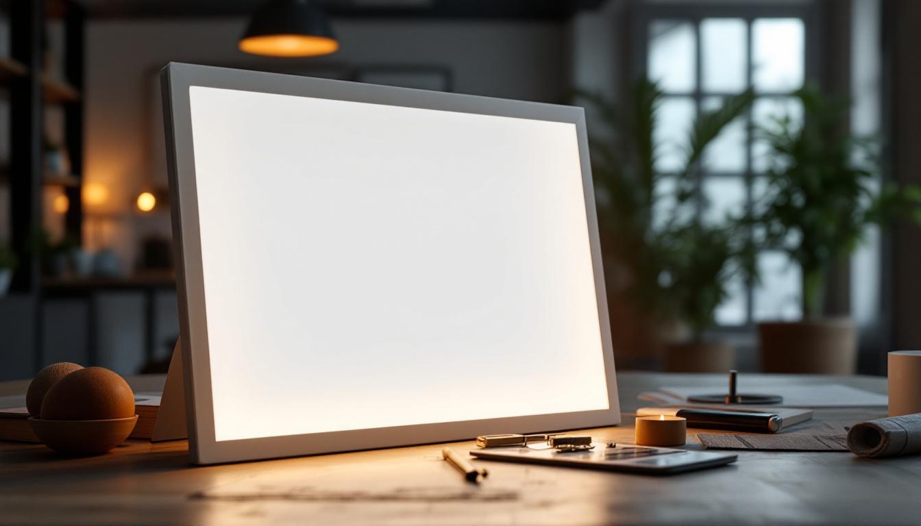 A photograph of a modern flat panel led lighting fixture in a well-lit interior space