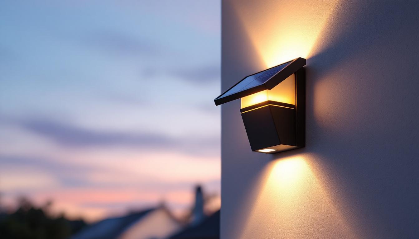 A photograph of a stylish solar outdoor wall sconce illuminated at dusk