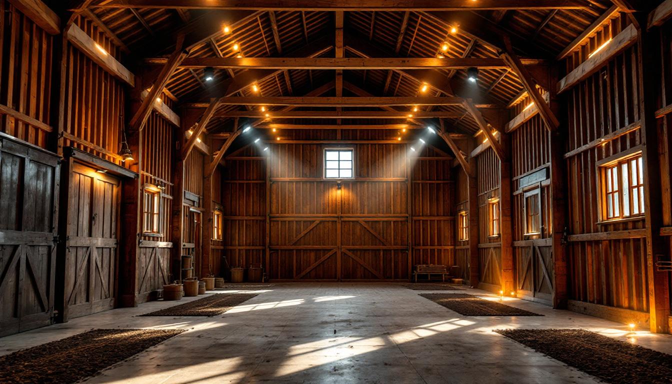 A photograph of a well-lit barn interior showcasing various types of led lighting installations