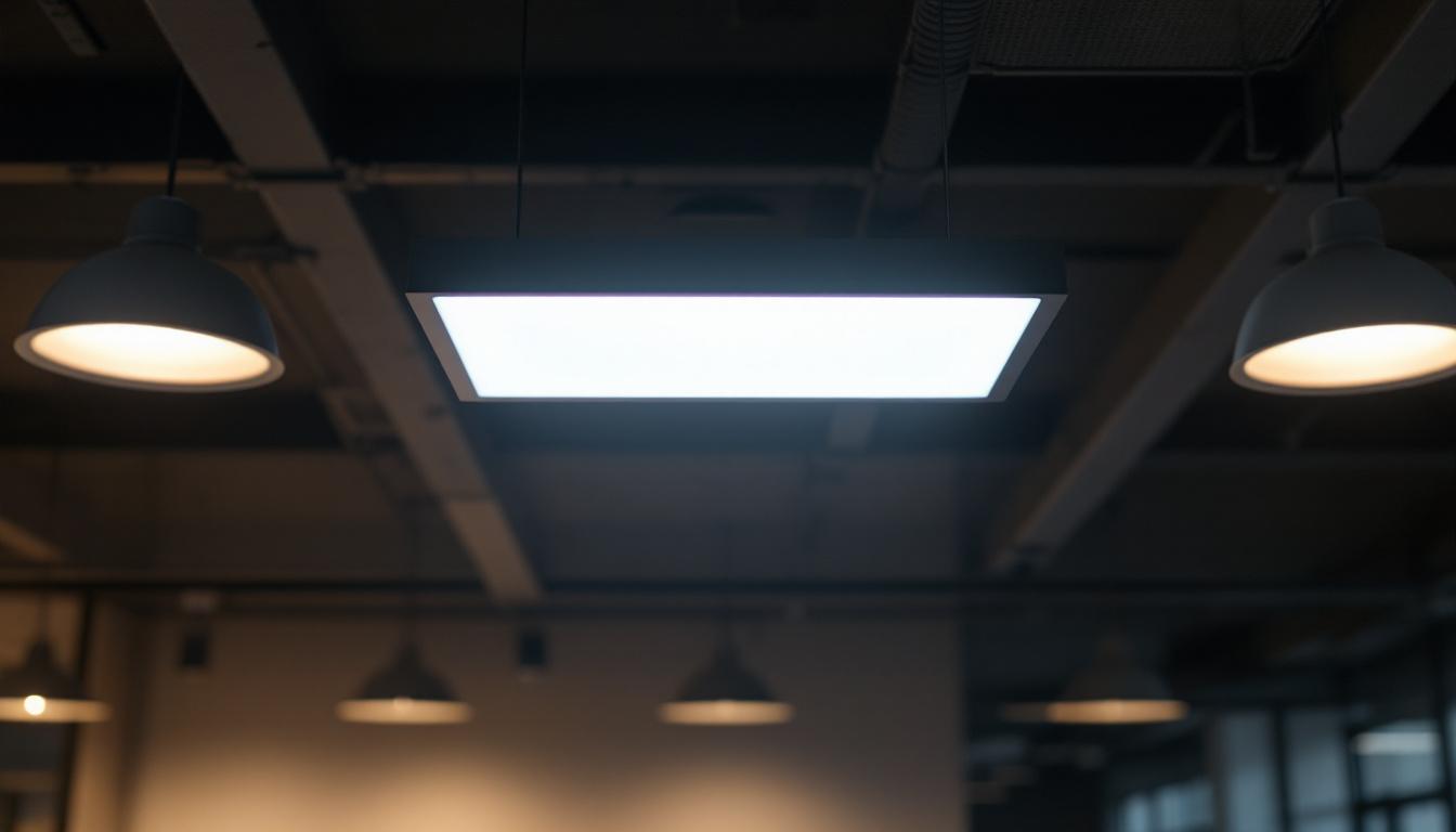 A photograph of a modern troffer light fixture installed in a well-lit commercial space