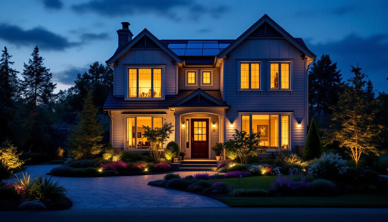 A photograph of a beautifully illuminated house at dusk