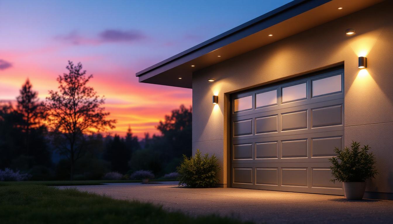 A photograph of a well-lit outdoor garage featuring stylish led lights in action during twilight