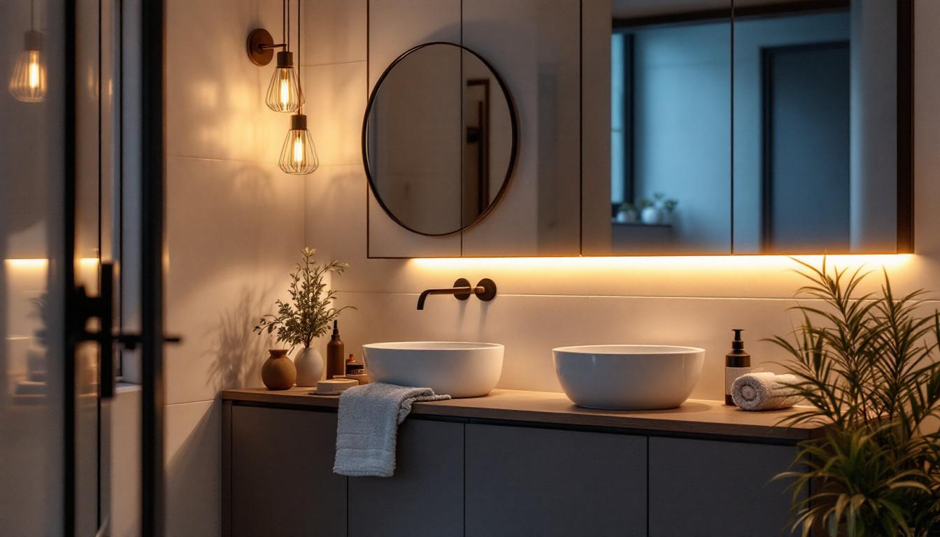 A photograph of a beautifully arranged bathroom featuring stylish yet affordable lighting options