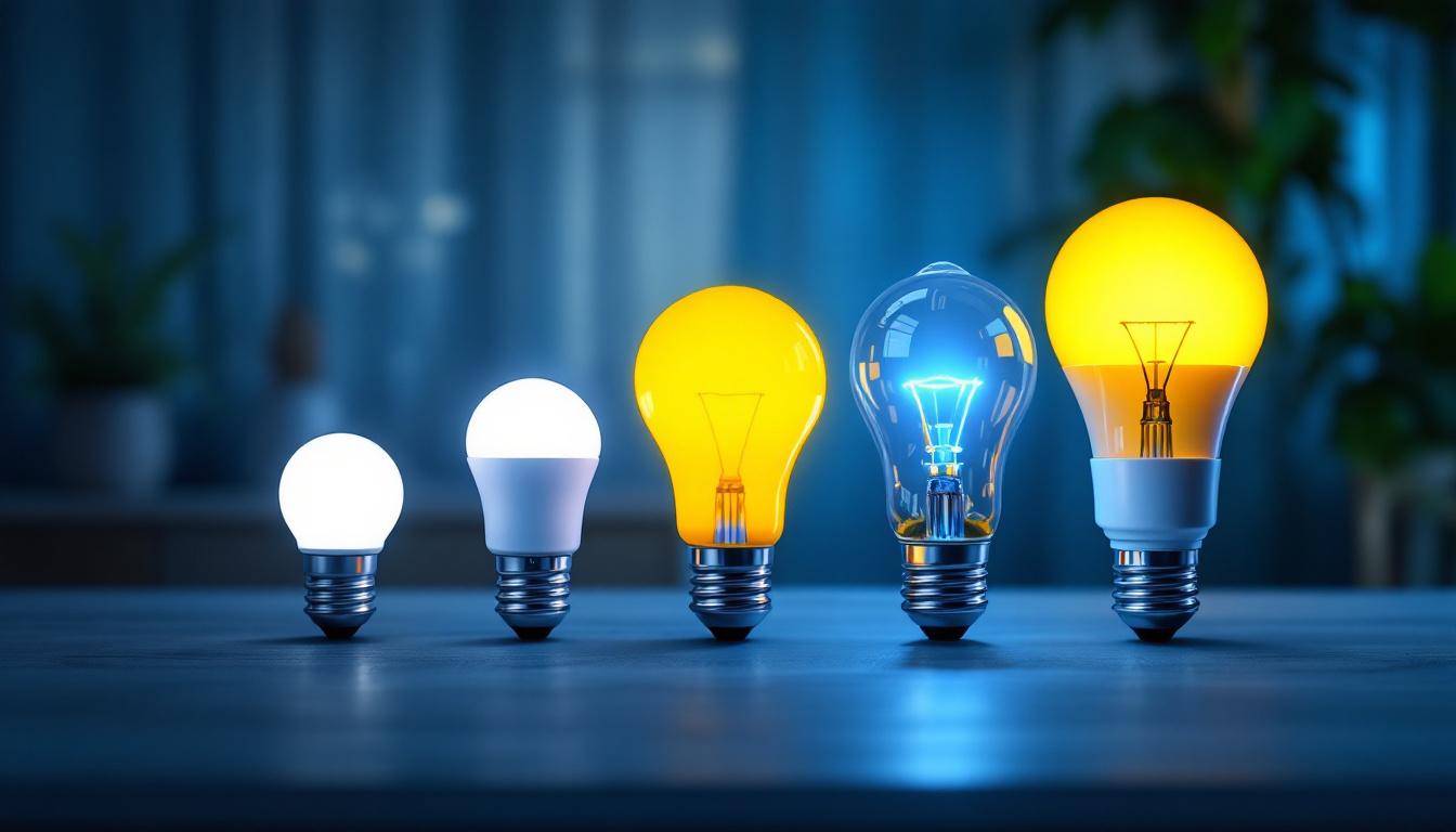 A photograph of a side-by-side comparison of various led light bulbs with different brightness levels displayed