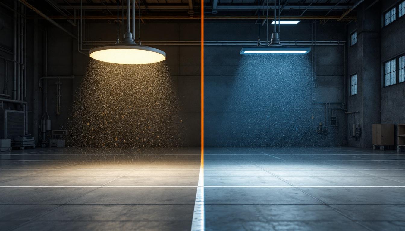 A photograph of a side-by-side comparison of vapor tight lighting fixtures and traditional lighting options in an industrial setting