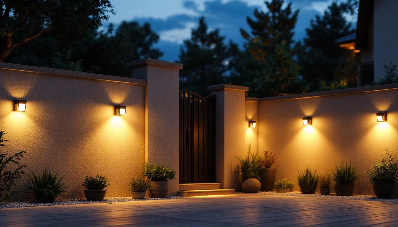 A photograph of a beautifully illuminated outdoor space featuring various models of bright solar wall lights
