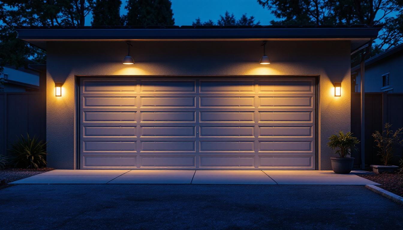 A photograph of a well-lit garage exterior at dusk