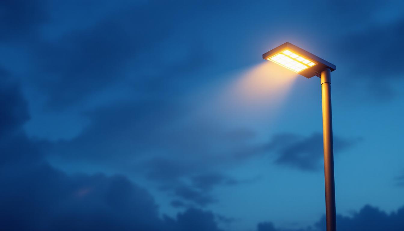 A photograph of a sleek commercial solar lamp post illuminated at dusk