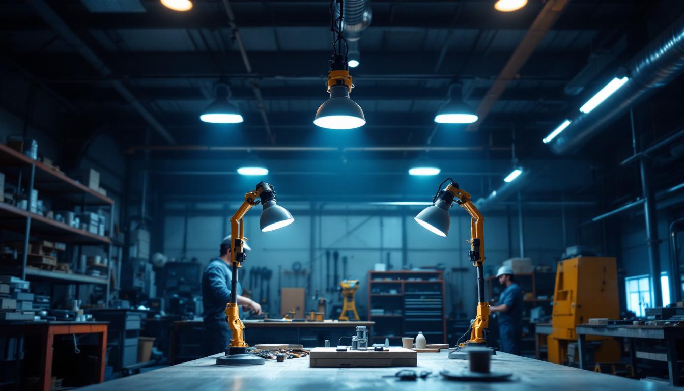 A photograph of a well-lit workshop or industrial space featuring 2-foot led shop lights in action