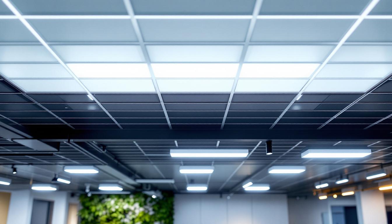 A photograph of a modern ceiling grid lighting setup in an office or commercial space