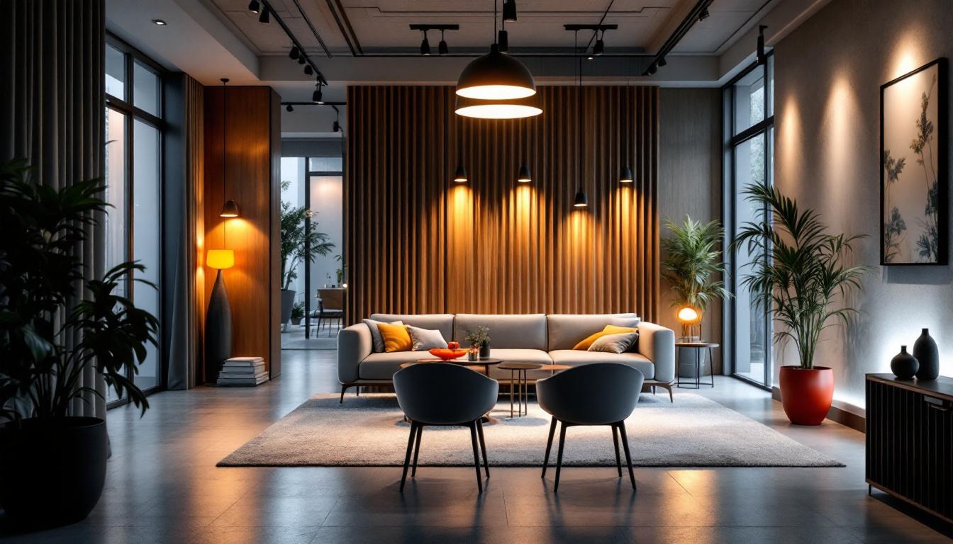 A photograph of a well-lit interior space showcasing various lighting designs