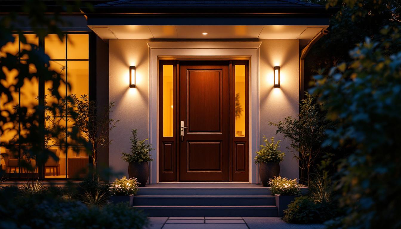 A photograph of a beautifully illuminated front door featuring modern led lighting