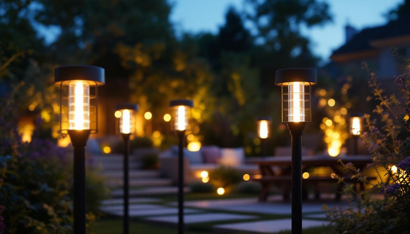A photograph of a beautifully lit outdoor scene featuring aldi solar lamps illuminating a garden or patio area at dusk