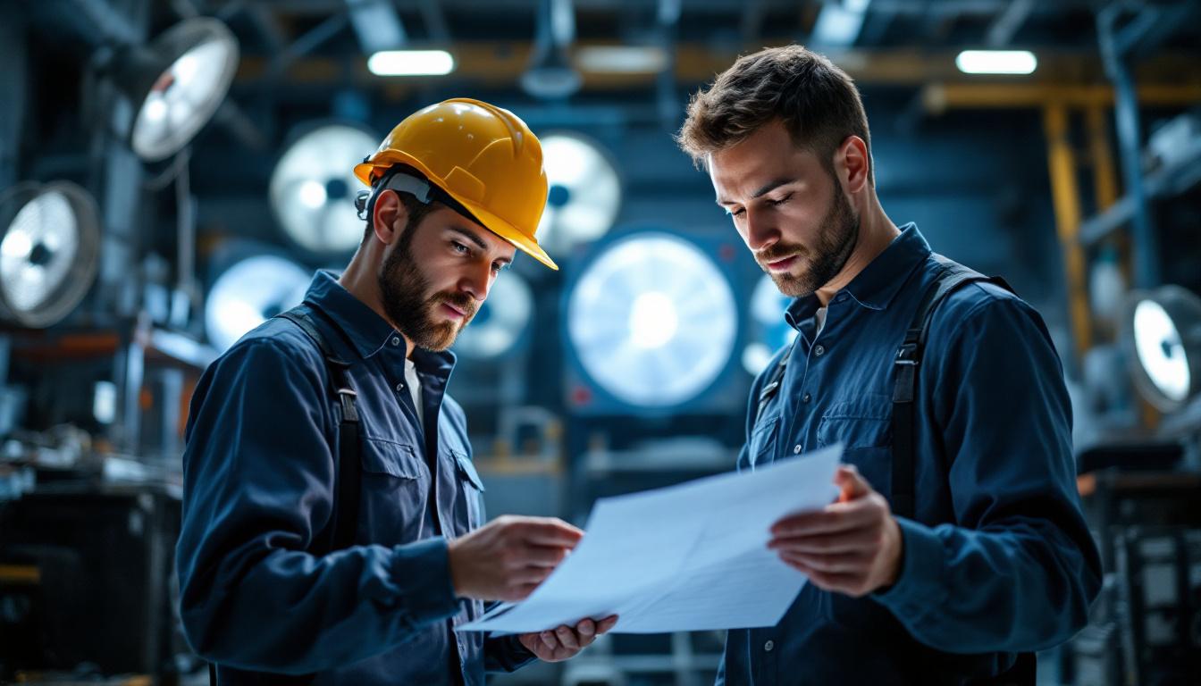 A photograph of a lighting engineer meticulously reviewing a checklist while standing in a well-lit industrial environment