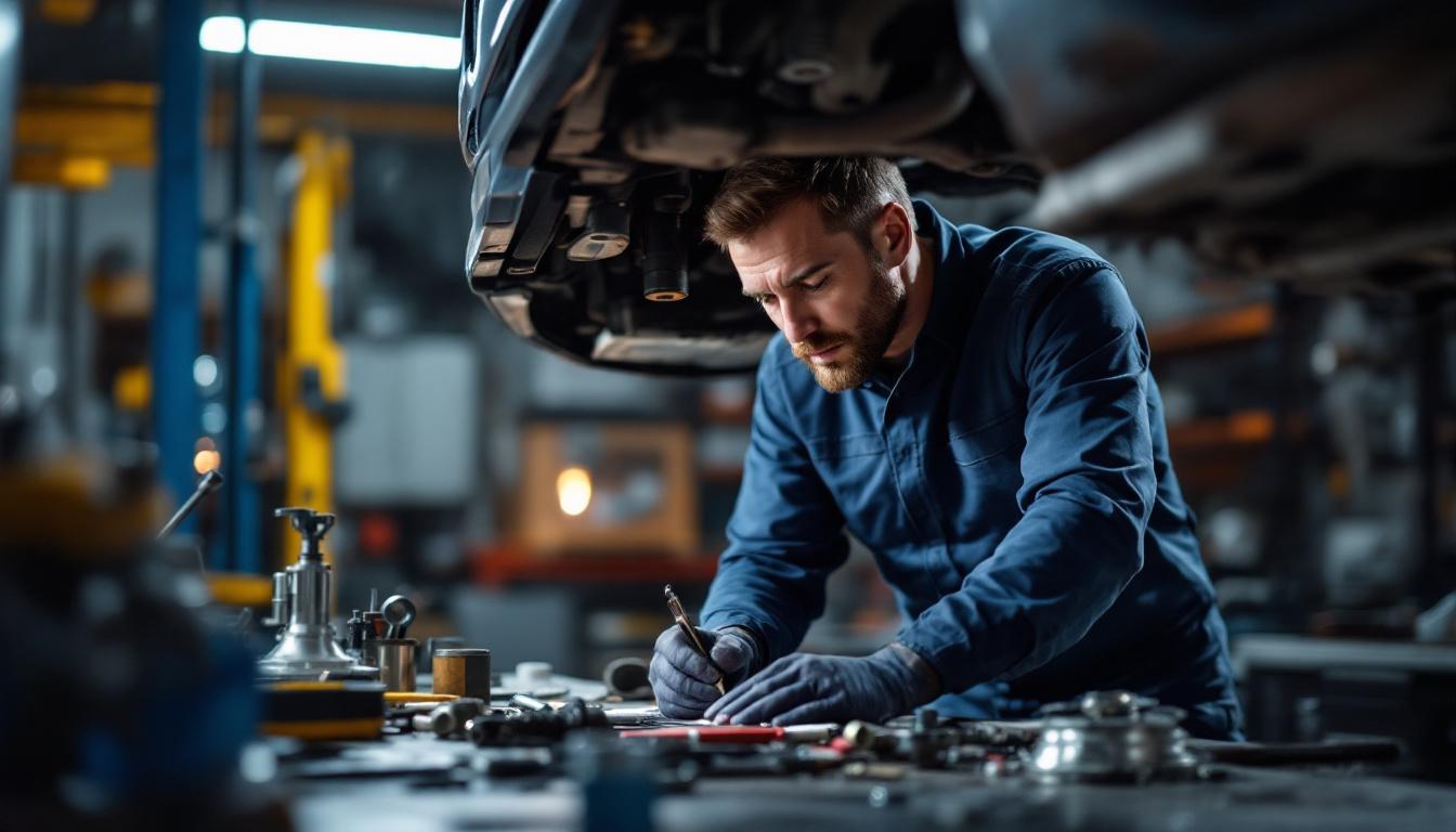 A photograph of a mechanic inspecting a well-maintained vehicle in a workshop