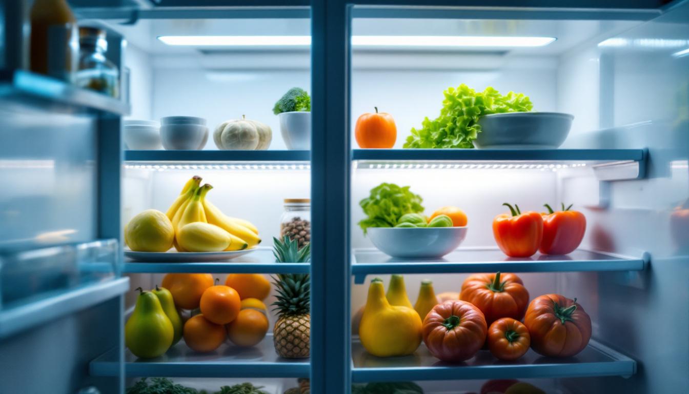A photograph of a well-lit refrigerator interior showcasing energy-efficient led lighting