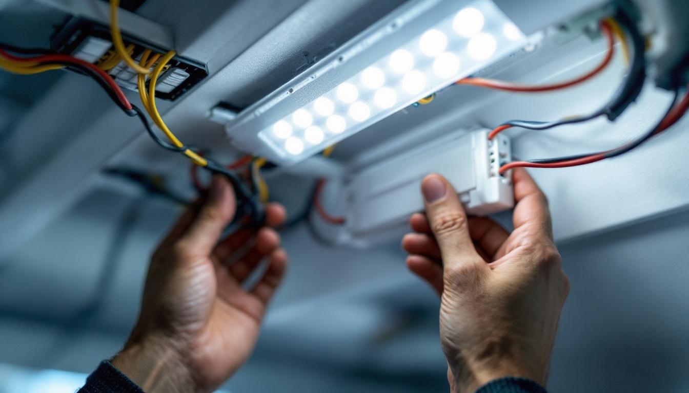 A photograph of a close-up shot of an led bypass ballast being installed in a lighting fixture