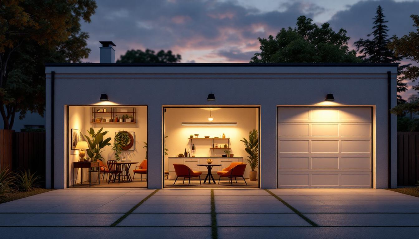 A photograph of a beautifully illuminated outdoor garage space at dusk