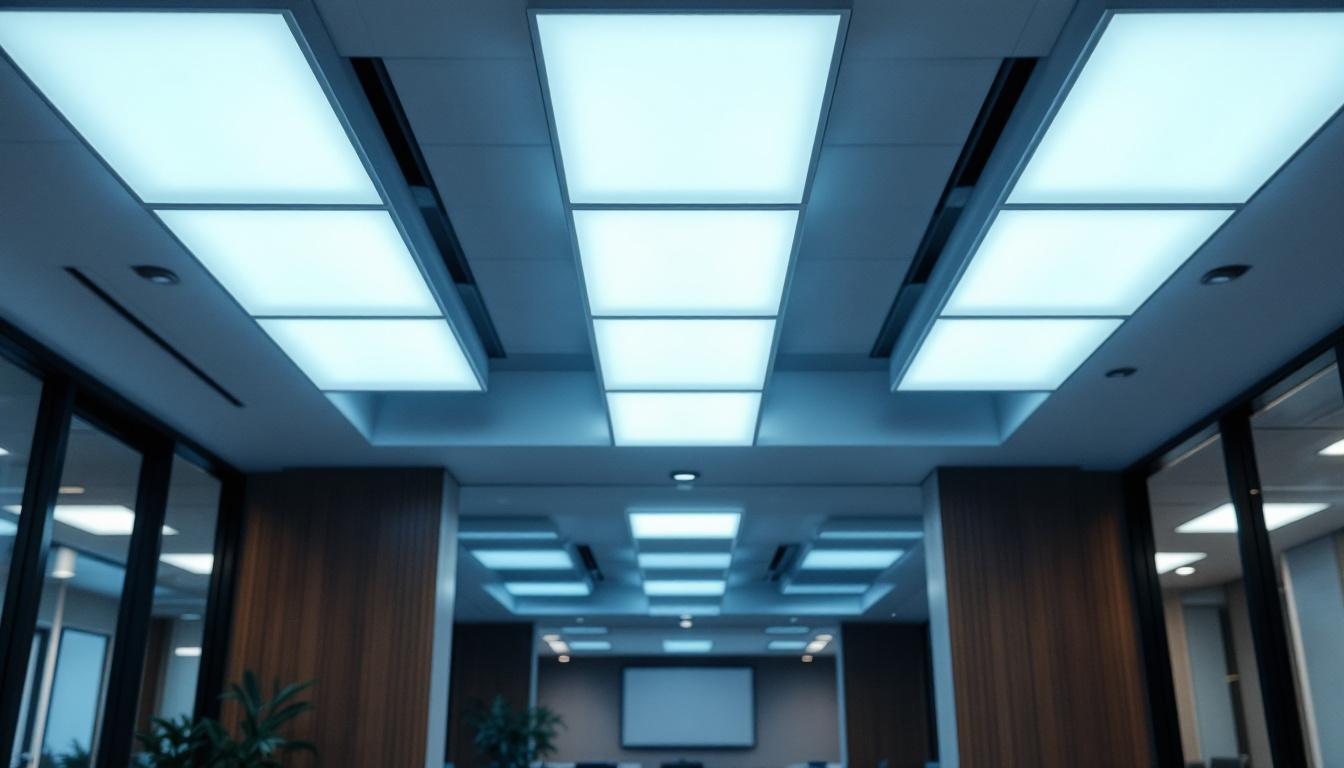 A photograph of a modern office space featuring suspended ceiling led panels