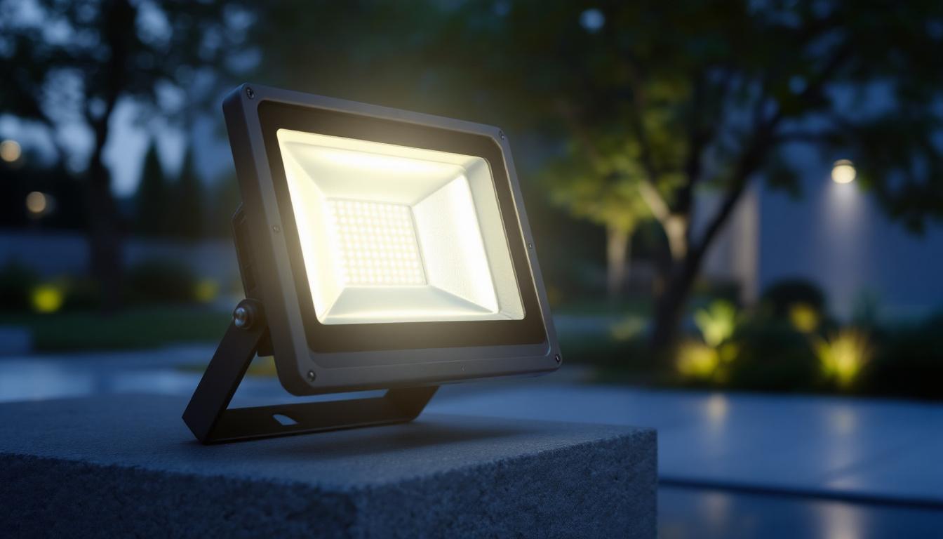 A photograph of a 150-watt led floodlight in a modern outdoor setting