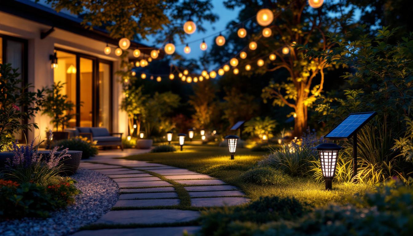 A photograph of a beautifully illuminated outdoor space featuring various styles of solar lights in action at dusk