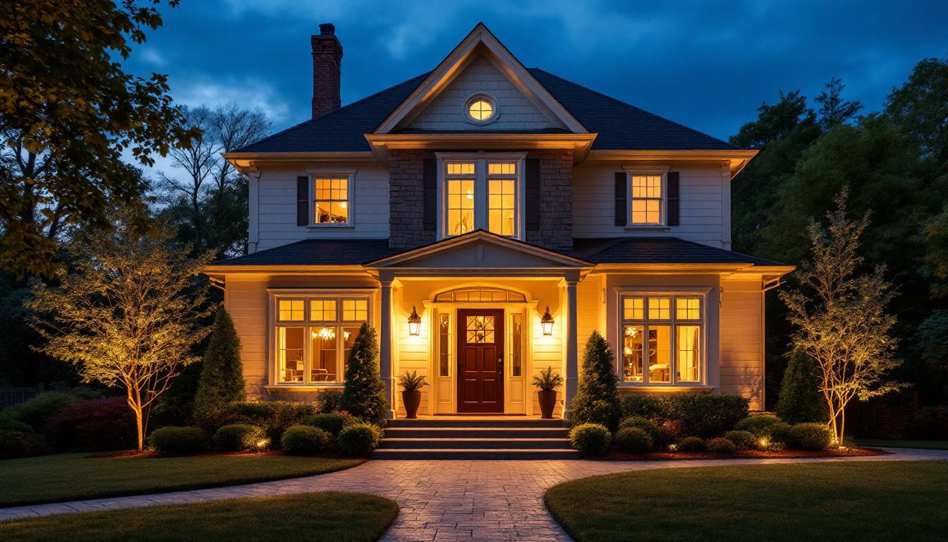 A photograph of a beautifully illuminated front of a house at dusk