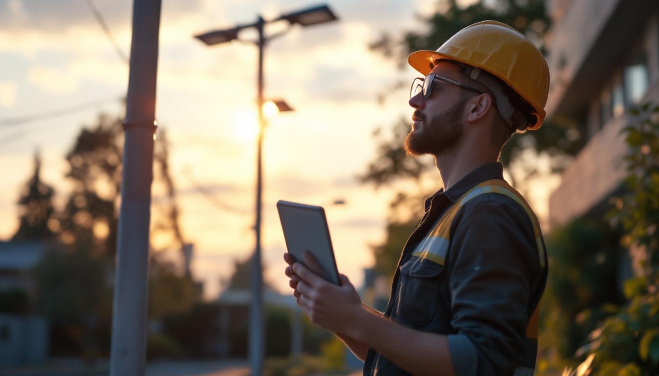 A photograph of a lighting engineer analyzing a solar-powered pole light installation in a well-lit outdoor environment