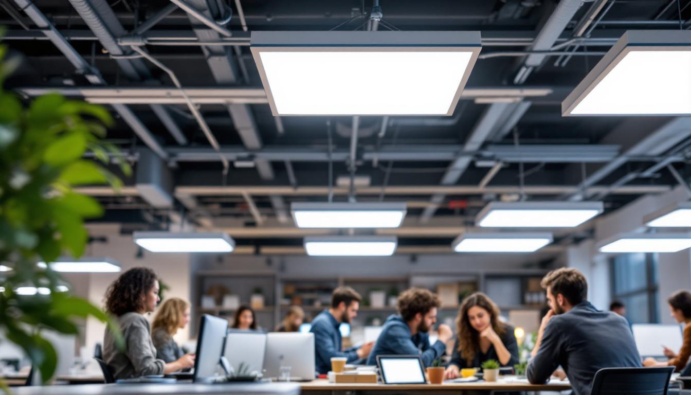 A photograph of a modern workspace featuring 2x4 led light panels installed in the ceiling