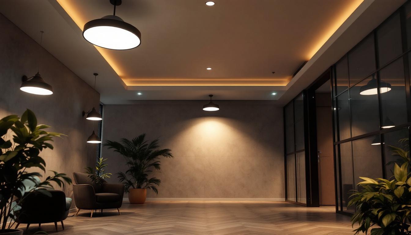 A photograph of a well-lit interior space featuring various recessed led fixtures