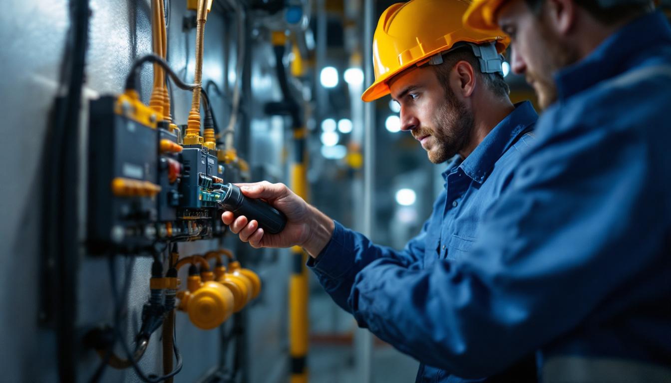 A photograph of a technician inspecting an industrial extension cord connected to a lighting system