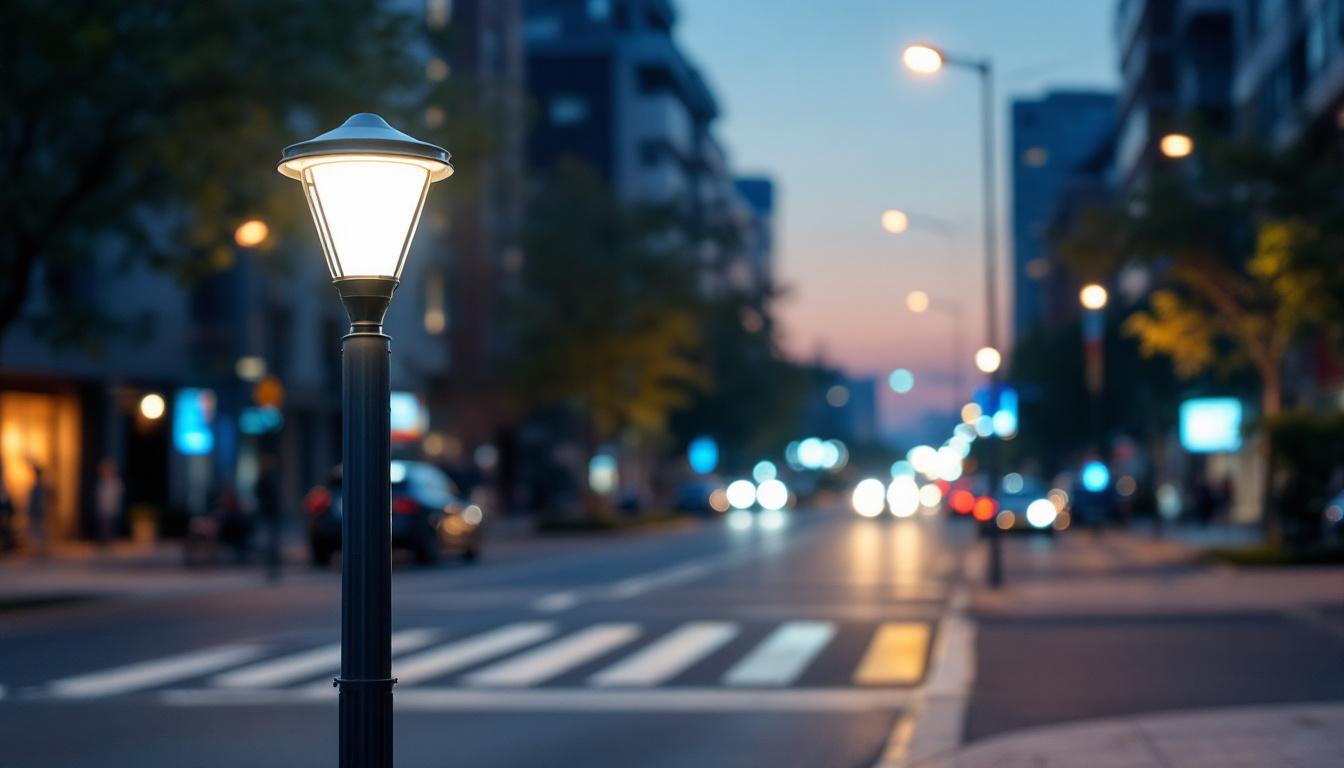 A photograph of a well-lit urban street scene featuring a used light pole in the foreground