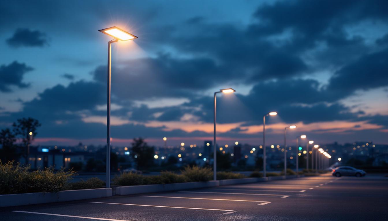 A photograph of a solar-powered led parking lot light illuminating a well-lit parking area at dusk