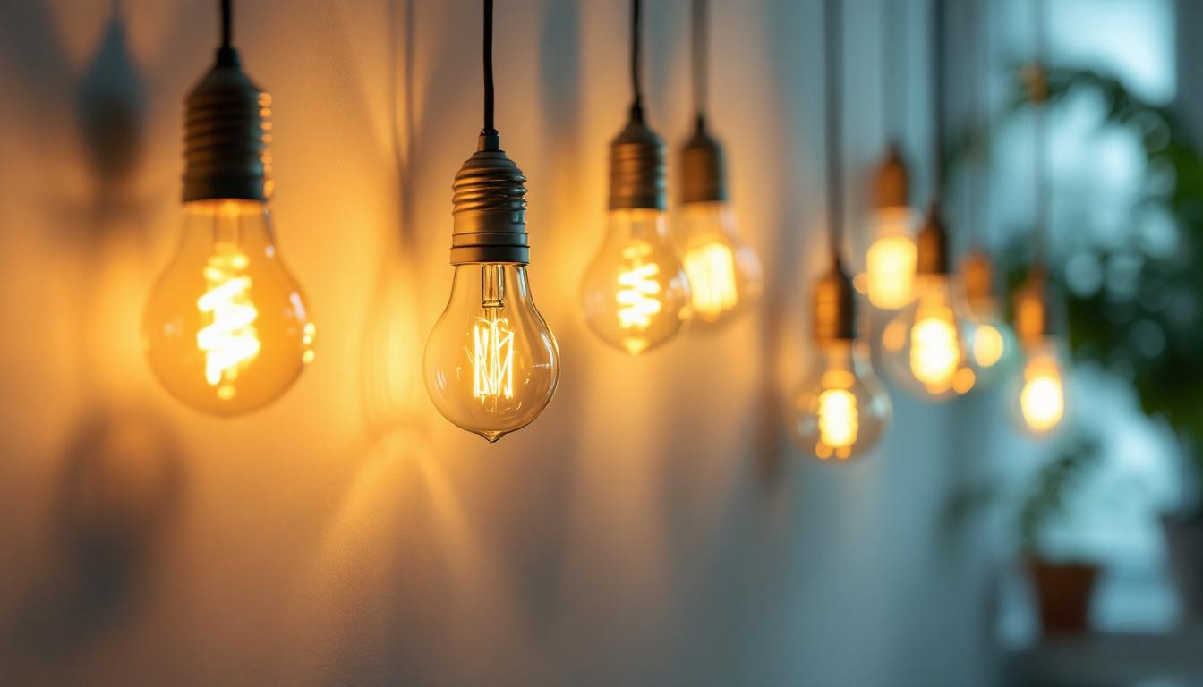 A photograph of a brightly lit room showcasing various energy-efficient light bulbs in use