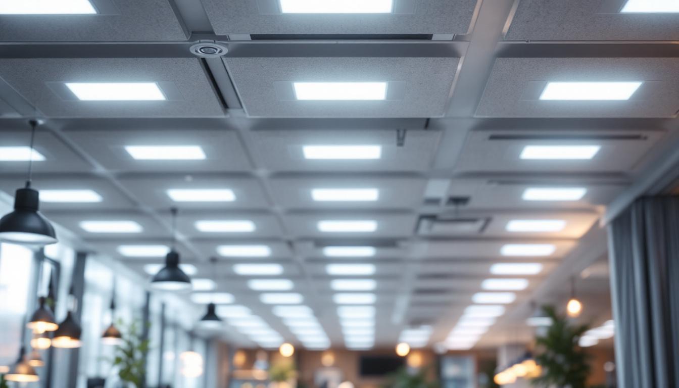 A photograph of a well-lit workspace showcasing a variety of 2 by 4 led lights installed in a modern ceiling design