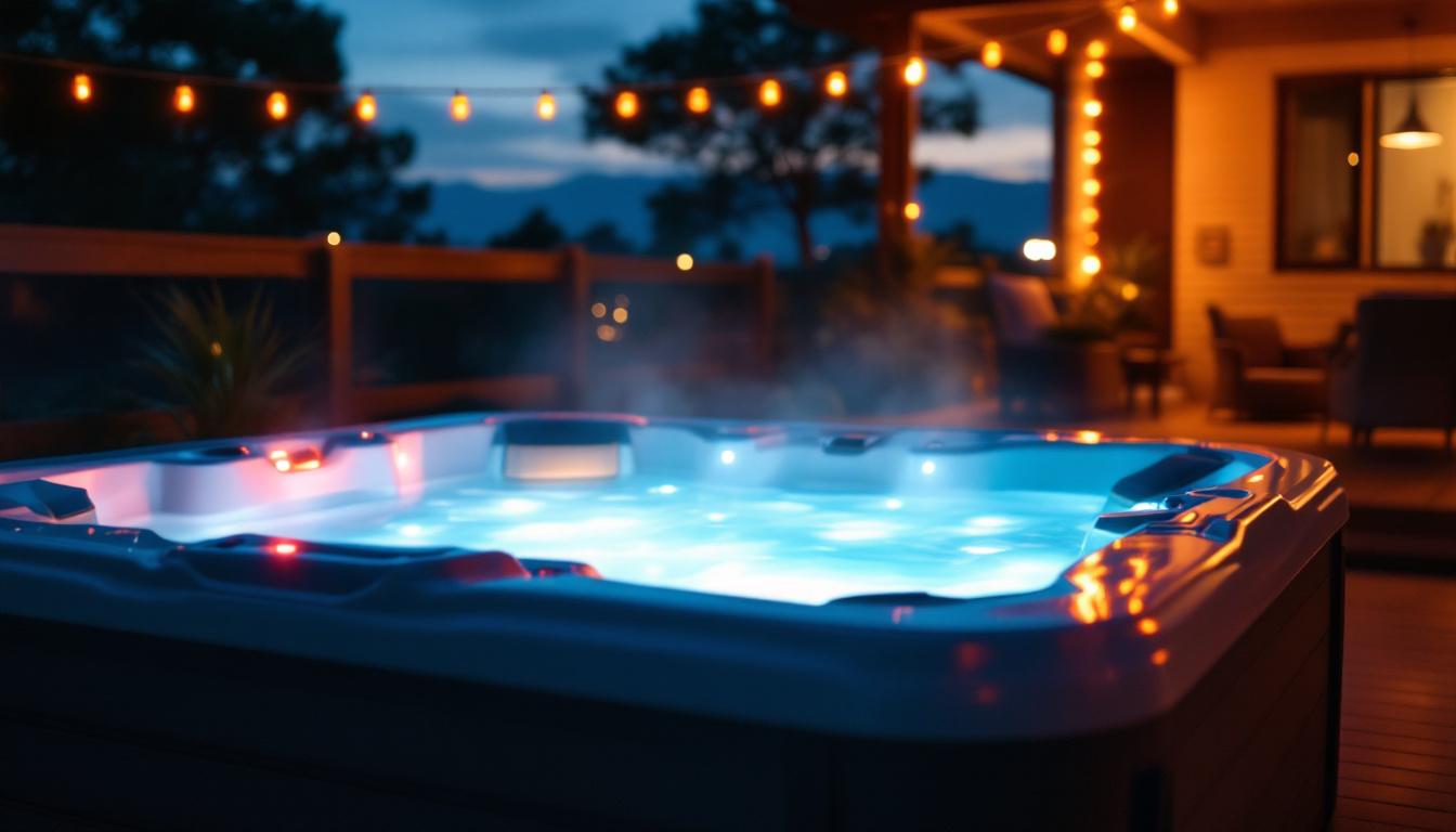 A photograph of a beautifully illuminated hot tub at dusk