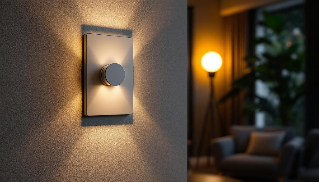 A photograph of a close-up of a modern light switch in a stylish home setting