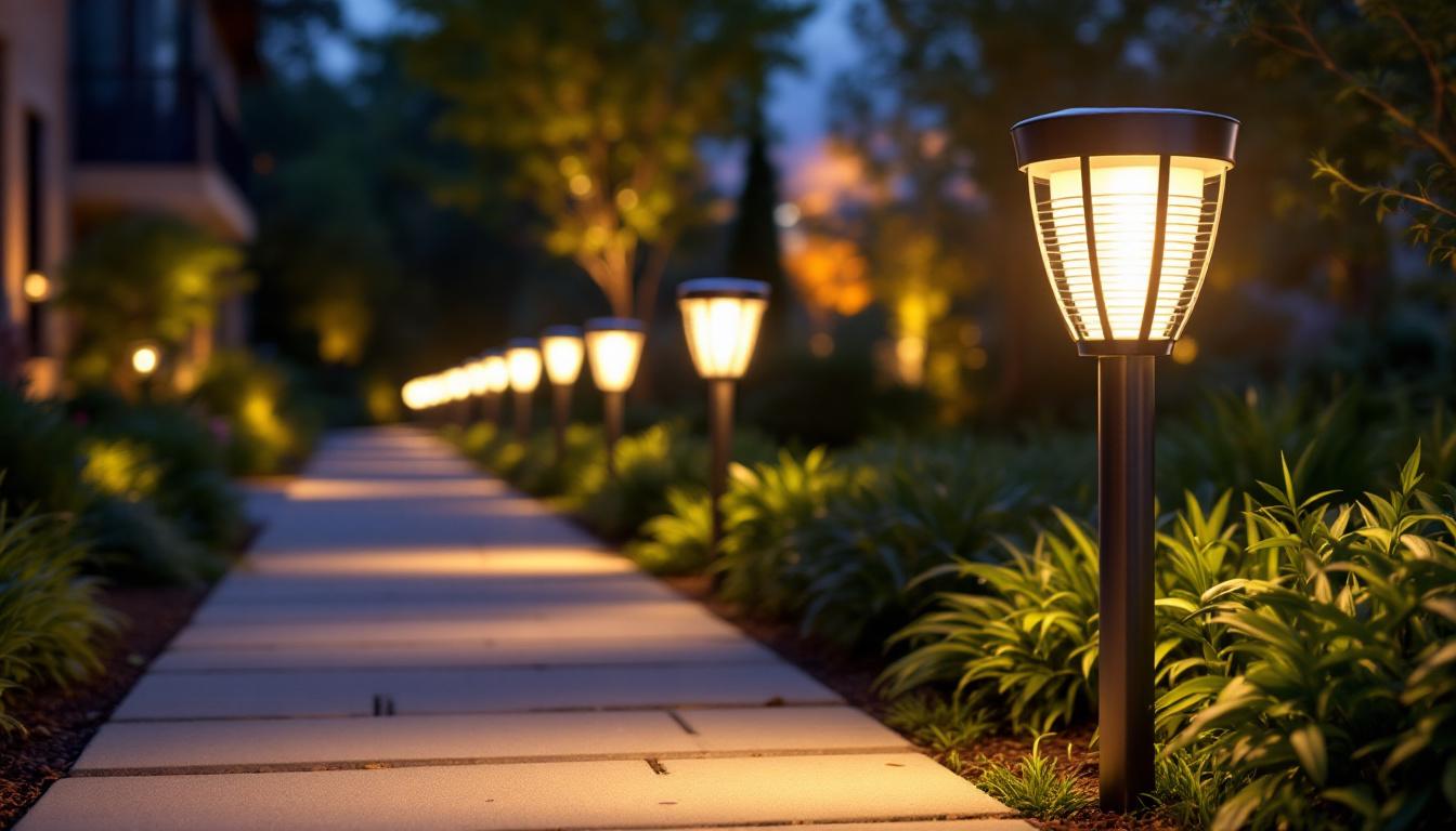 A photograph of a beautifully illuminated outdoor pathway lined with modern solar pathway lights