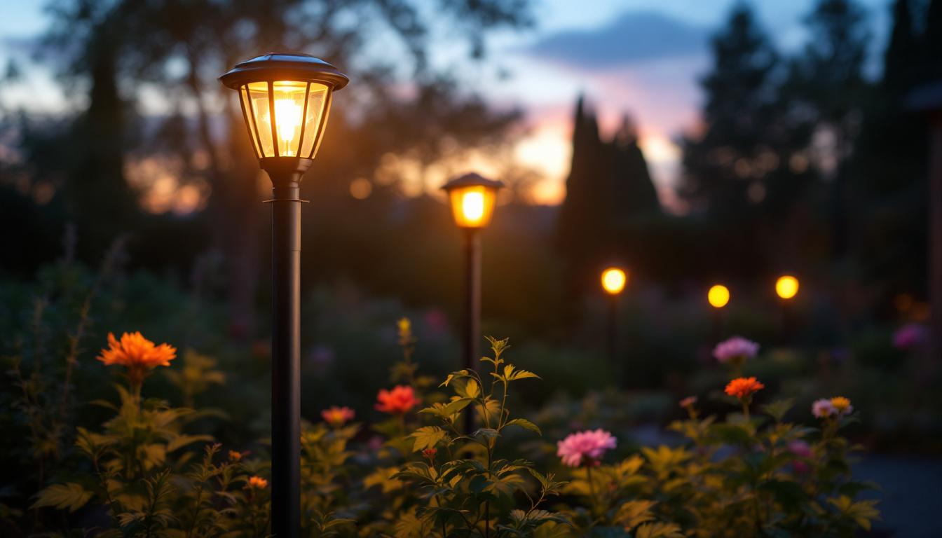 A photograph of capture a photograph of a stylish solar outdoor post lantern illuminated in a serene garden setting during twilight
