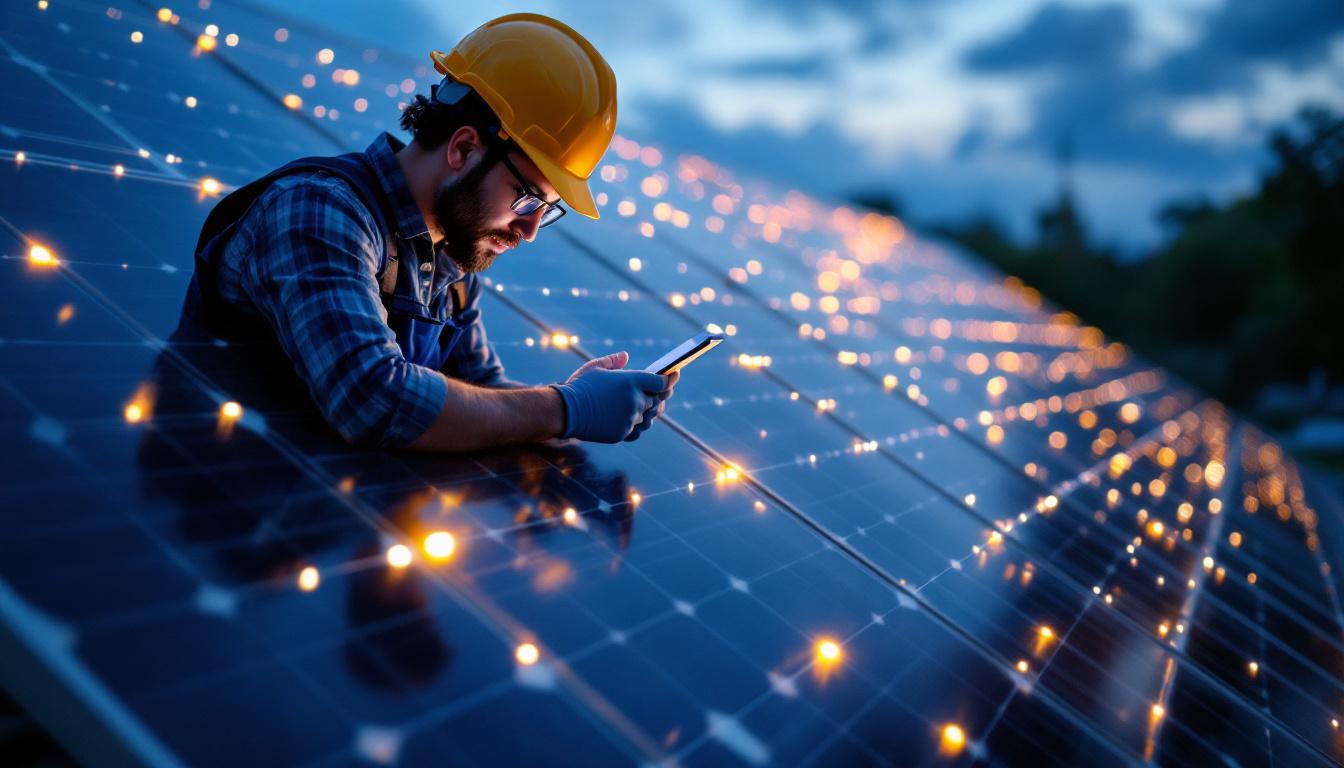 A photograph of a solar panel installation with led lighting in use