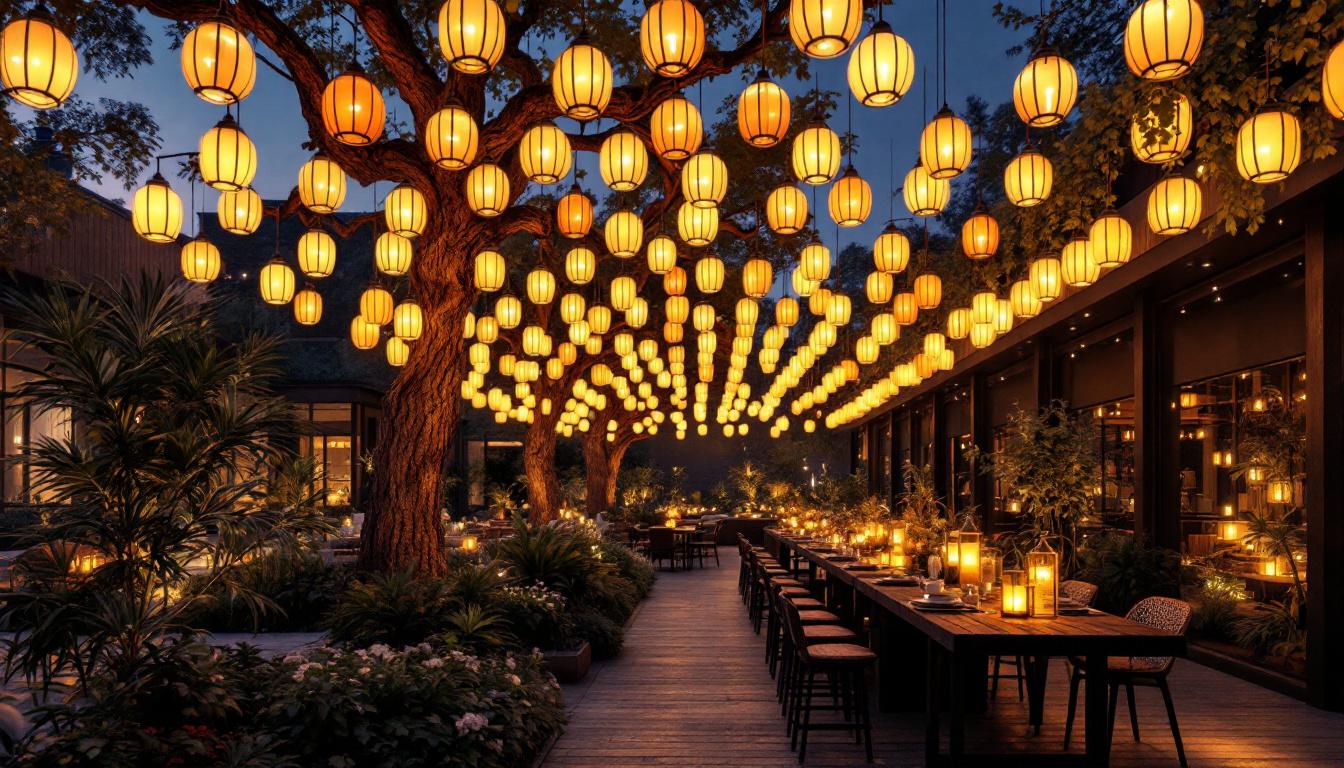 A photograph of a large-scale outdoor lighting installation featuring lantern electric lights
