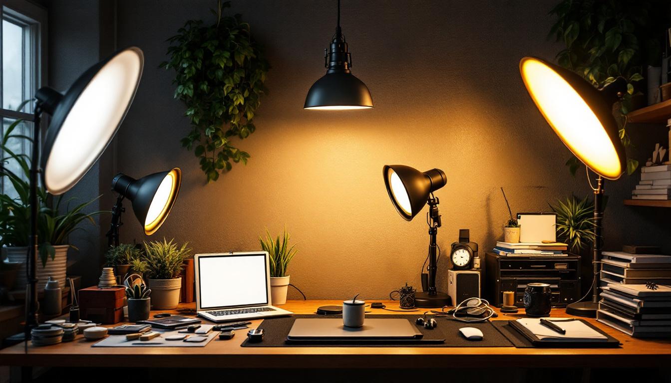 A photograph of a well-lit workspace featuring various inexpensive shop lights in use