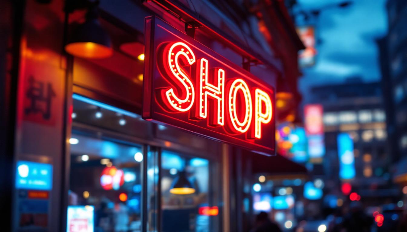 A photograph of a vibrant led shop sign illuminated at dusk