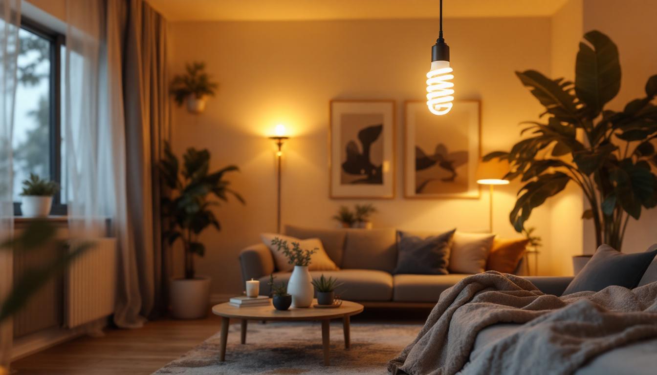 A photograph of a stylishly designed room featuring a spiral led bulb in use