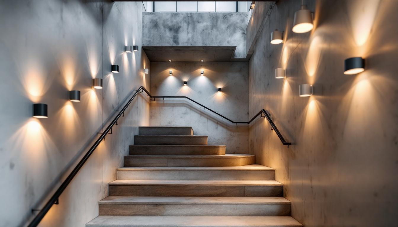 A photograph of a beautifully illuminated stairwell featuring various styles of wall-mounted lighting fixtures